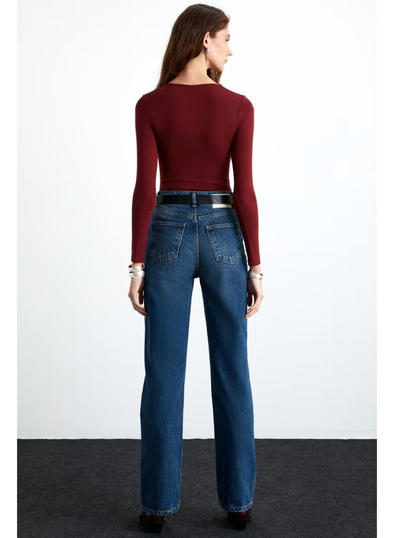 GRIMELANGE Leıdy Deep V Neck Long Sleeve Viscose Burgundy Blouse - Image 4